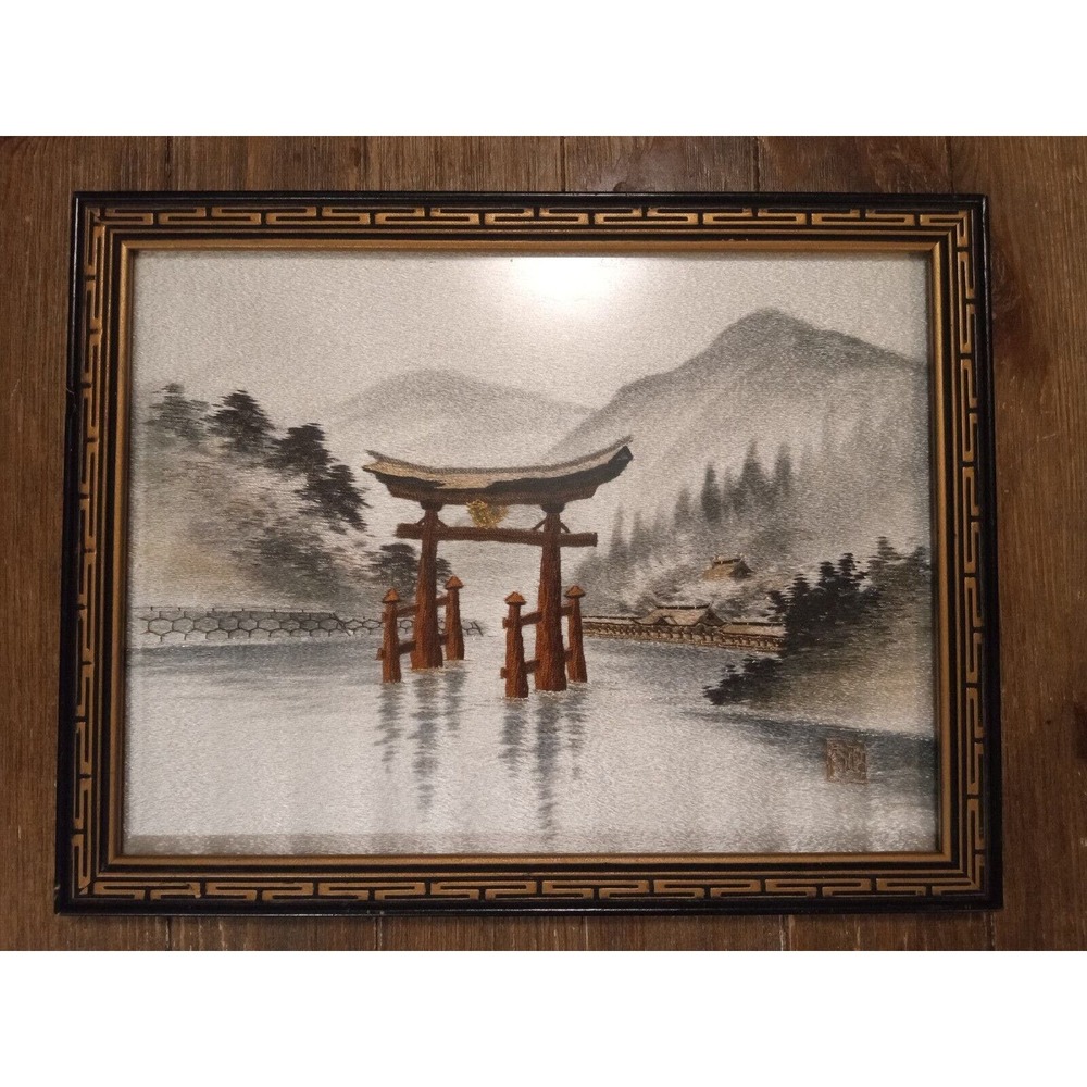 Vintage Japanese Silk Embroidery Framed Art Mountain Scenery Old Asian Artwork